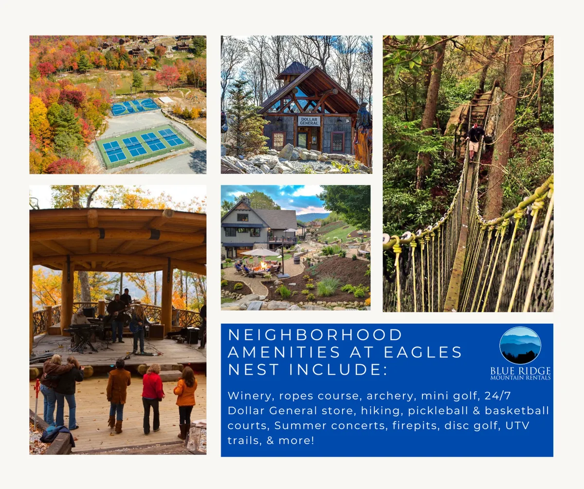 An expansive outdoor area featuring a concert stage set against a lush, scenic landscape, with visible amenity buildings and a rope course. Pickleball and basketball courts are situated nearby, and groups of people can be seen enjoying live music and participating in sports. The area is vibrant and communal, designed for family and group activities.